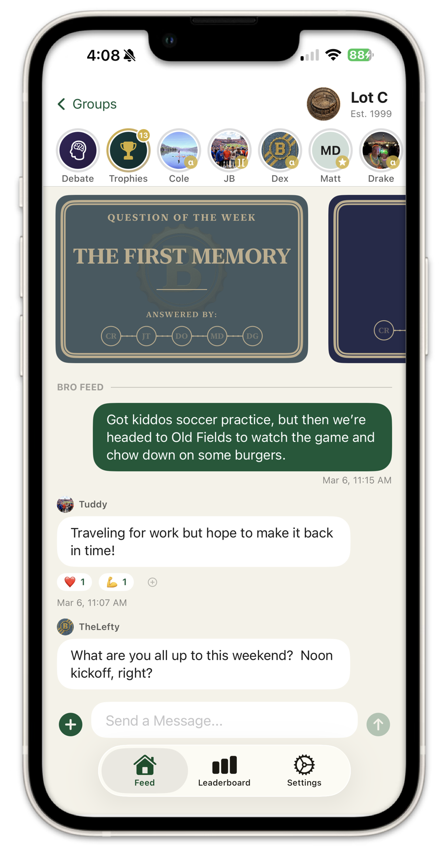 iPhone showing the Brolay group feed